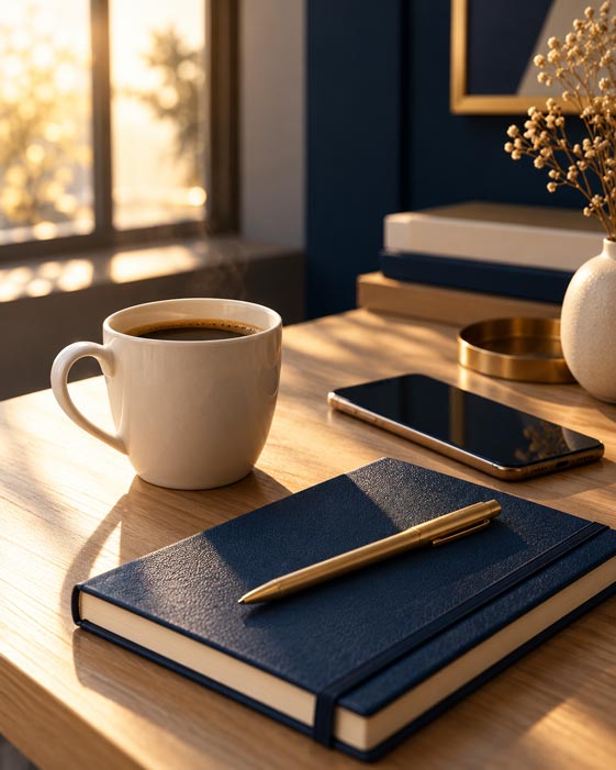 Fotografía vertical 4:5 de un rincón de trabajo acogedor y tranquilo al inicio de la mañana. Sobre una mesa de madera clara hay una taza de cerámica blanca con café, una libreta cerrada de tapa azul marino #182C46 con un bolígrafo dorado champagne #C9A66B encima y un teléfono móvil con la pantalla apagada. Al fondo, una ventana difusa deja entrar luz natural cálida y dorada; la pared del fondo es de azul marino profundo #0F1D30 desenfocado. Acentos en marfil #F7F3EC. Profundidad de campo corta, atmósfera íntima, serena e invitadora, como el momento antes de empezar un proyecto nuevo. Sin personas, sin texto, sin logotipos, sin marcas de agua. Alta resolución.