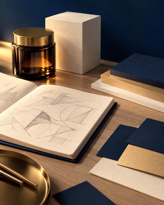 Fotografía editorial de estudio, minimalista y premium, en formato vertical 4:5. Escritorio creativo visto desde un ángulo de tres cuartos ligeramente elevado. Sobre una mesa de madera clara y mate hay un cuaderno de bocetos abierto con trazos de lápiz abstractos y geométricos sin ningún texto legible, un frasco de vidrio ámbar con tapa metálica dorada, una caja de empaque blanca sin marca y un muestrario de tarjetas de papel en azul marino #182C46 y dorado champagne #C9A66B. El fondo es un degradado suave de azul marino profundo #0F1D30 a azul marino #182C46. Luz cálida lateral que crea reflejos dorados delicados y sombras suaves, profundidad de campo corta, enfoque nítido en el primer plano, aire sofisticado y sereno. Paleta estricta: azul marino, dorado champagne y marfil #F7F3EC, sin otros colores saturados. Sin personas, sin texto, sin letras, sin logotipos, sin marcas de agua. Alta resolución, calidad de revista de diseño.