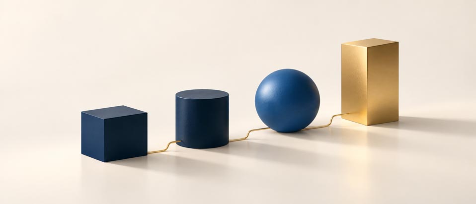 Render 3D minimalista y elegante, formato panorámico 21:9, sobre un fondo liso de marfil #F7F3EC. Cuatro bloques geométricos limpios (cubo, cilindro, esfera y prisma) dispuestos como una escalera ascendente de izquierda a derecha, que representa un proceso en cuatro etapas. Los dos primeros bloques son de azul marino mate #182C46, el tercero de azul #25507F y el cuarto de dorado champagne #C9A66B con acabado metálico satinado. Una delgada línea dorada recorre la base uniendo los cuatro bloques. Iluminación de estudio suave, sombras difusas y largas hacia la derecha, reflejos sutiles, mucho espacio negativo. Estilo moderno, sereno y ordenado. Sin texto, sin números, sin logotipos, sin marcas de agua, sin personas. Alta resolución.